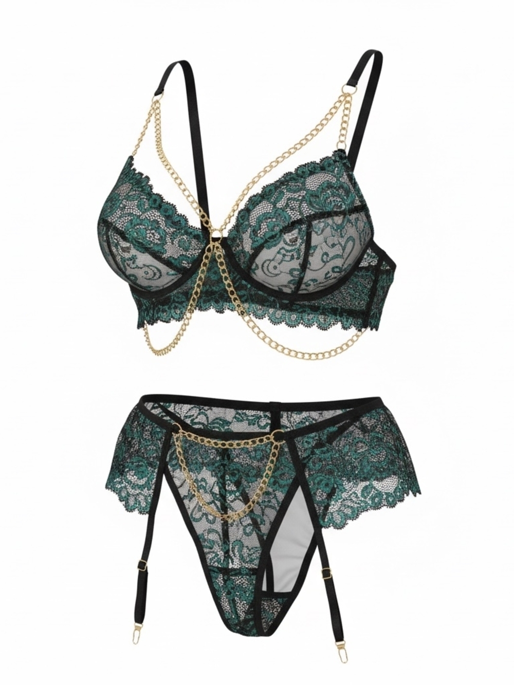 Emerald Lace Bra & Garter Set with Gold Chain Accents